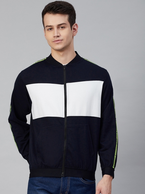 

Hubberholme Men Navy Blue & White Colourblocked Front-Open Sweatshirt