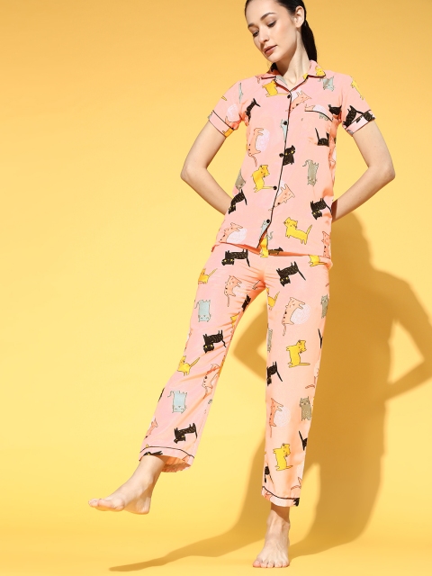 

Bellofox Women Peach-Coloured & Black Purr-fect Printed Pyjama Set