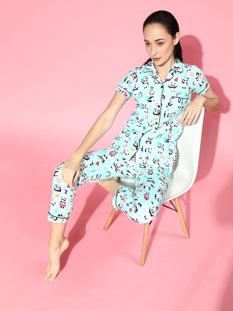 

Bellofox Women Turquoise Blue & Black Panda Printed Pyjama Set