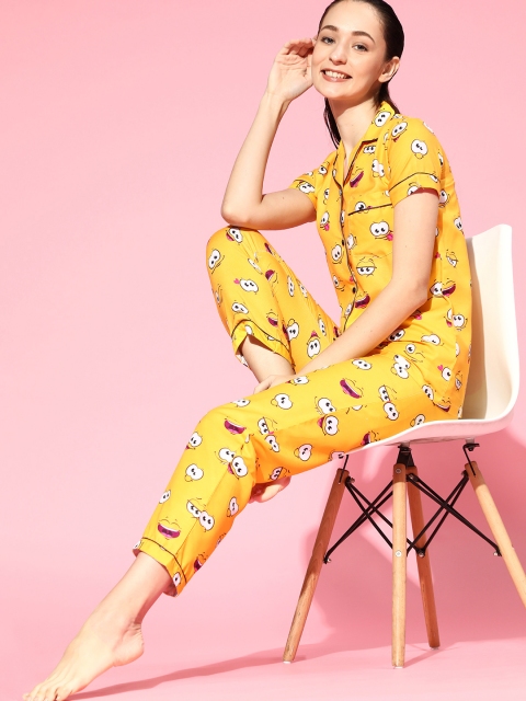 

Bellofox Women Yellow & White Emojis Printed Pyjama Set