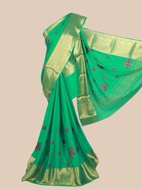 

Pothys Green & Gold-Toned Floral Pure Crepe Saree