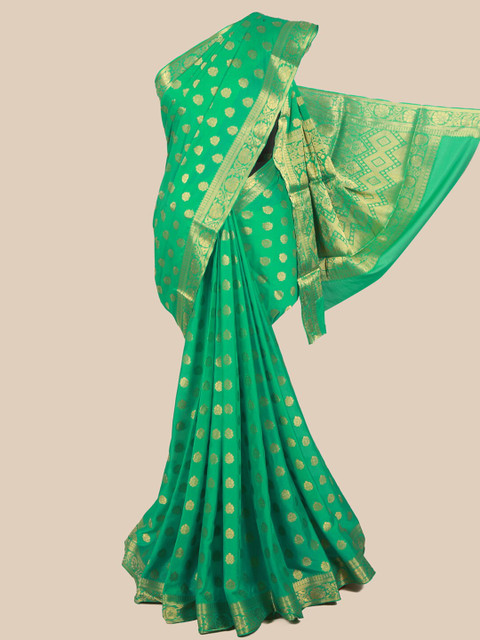 

Pothys Green & Gold-Toned Ethnic Motifs Zari Pure Crepe Saree