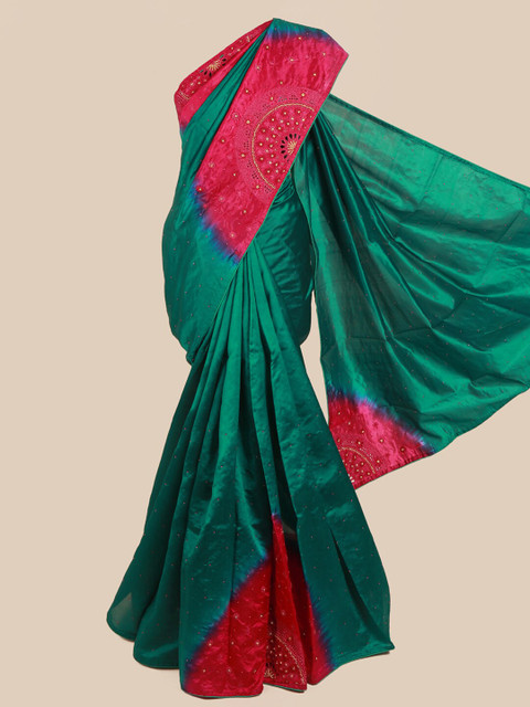 

Pothys Green & Red Ethnic Motifs Beads and Stones Art Silk Saree