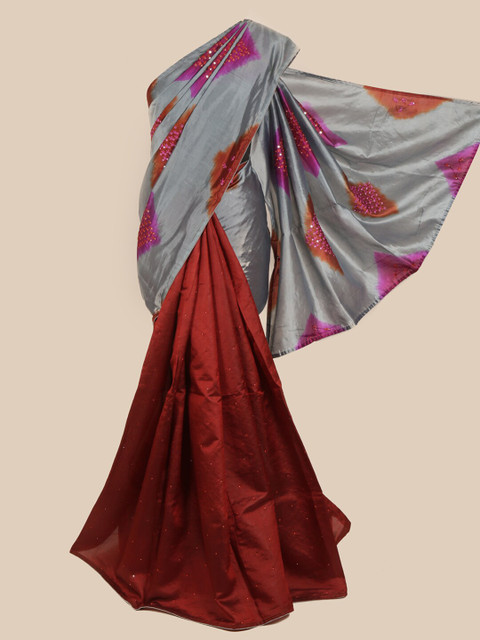 

Pothys Grey & Red Ethnic Motifs Embroidered Beads and Stones Details Art Silk Saree