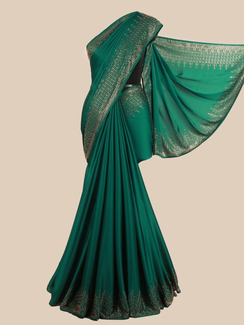 

Pothys Green & Gold-Toned Beads & Stones Satin Saree