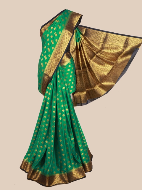 

Pothys Women Green & Gold-Toned Ethnic Motifs Woven Designed Saree