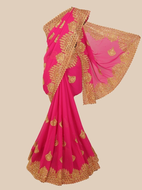 

Pothys Magenta & Gold-Toned Ethnic Motifs Beads and Stones Saree