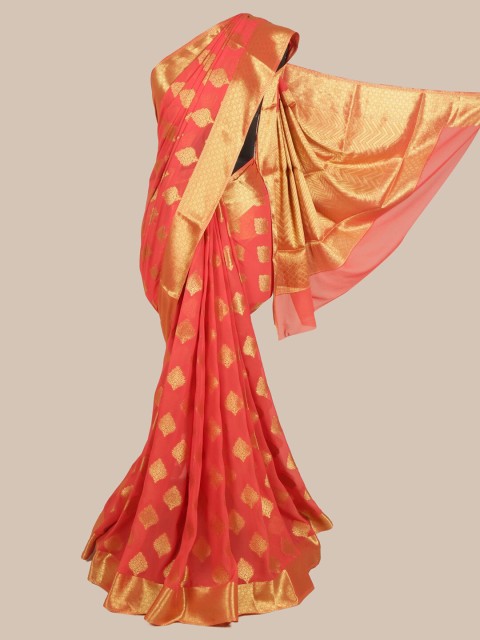 

Pothys Coral & Gold-Toned Ethnic Motifs Zari Pure Crepe Saree