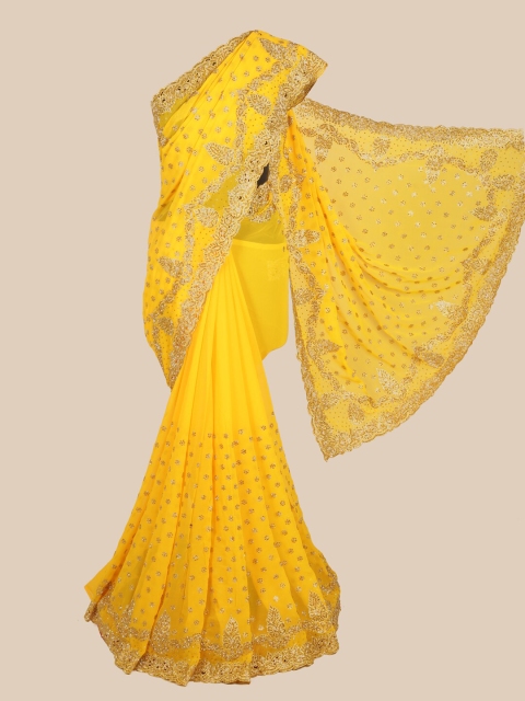 

Pothys Yellow & Gold-Toned Floral Embellished Saree