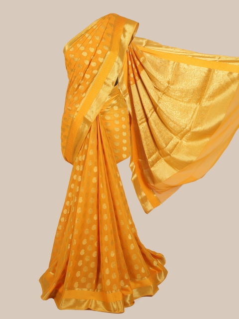 

Pothys Women Mustard & Gold-Toned Ethnic Motifs Woven Designed Saree