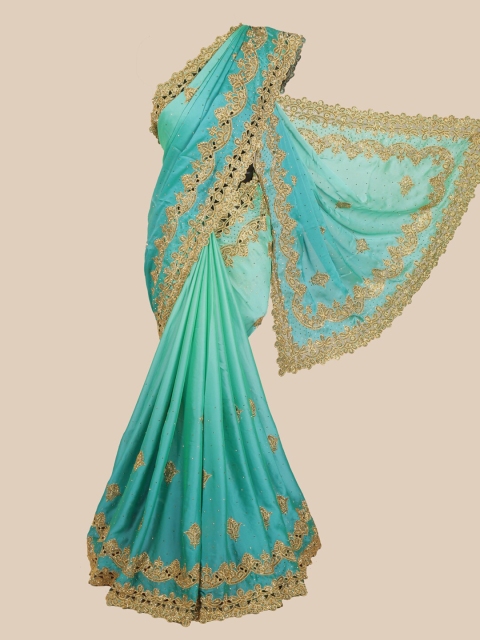 

Pothys Turquoise Blue & Gold-Toned Embellished Beads & Stones Saree