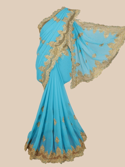 

Pothys Blue & Gold-Toned Embellished Beads and Stones Saree