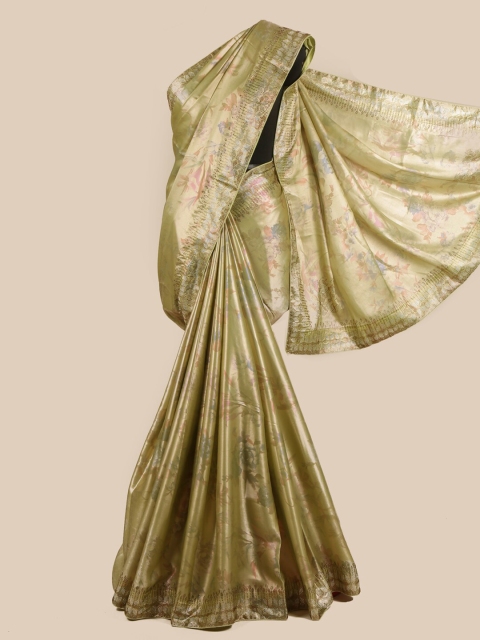 

Pothys Green & Pink Floral Printed Beads and Stones Embellished Satin Saree