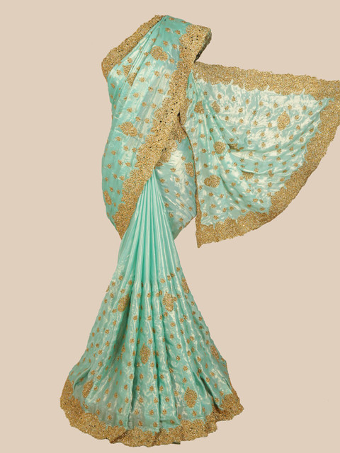 

Pothys Turquoise Blue & Gold-Toned Floral Beads & Stones Saree