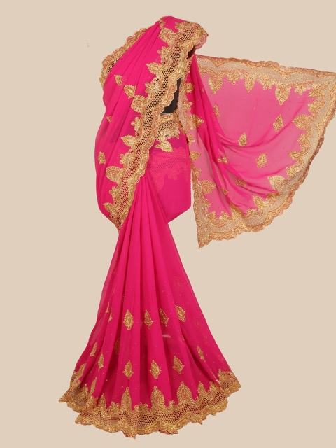 

Pothys Magenta & Gold-Toned Embellished Schiffli Saree