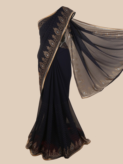 

Pothys Navy Blue & Gold-Coloured Stones Embellished Satin Saree