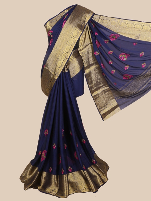 

Pothys Navy Blue & Gold-Toned Floral Pure Crepe Saree