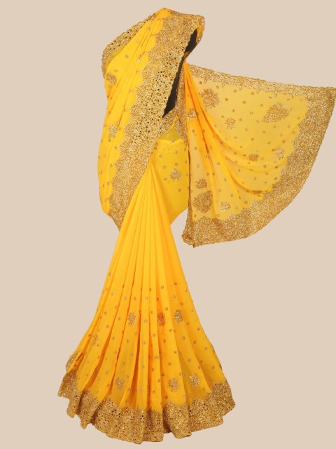 

Pothys Yellow & Gold-Toned Embellished Georgette Saree