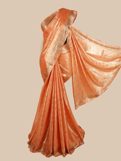 

Pothys Peach-Coloured Floral Beads and Stones Satin Saree
