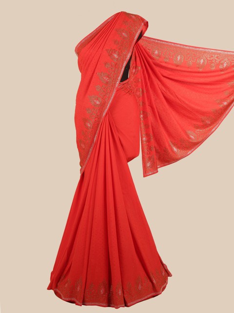 

Pothys Red Embellished Beads and Stones Satin Saree