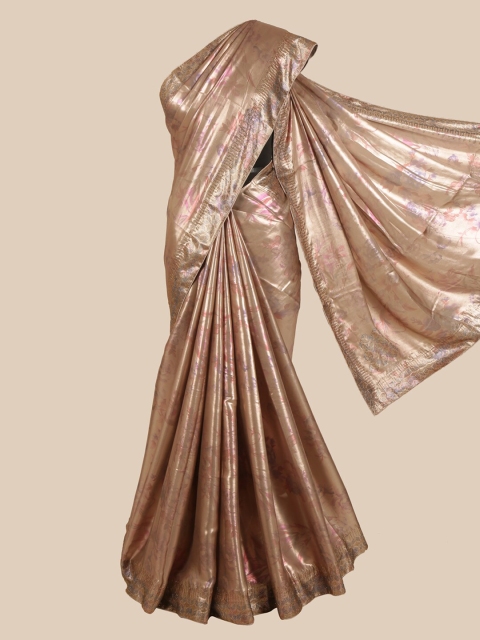 

Pothys Pink & Silver-Toned Floral Satin Saree