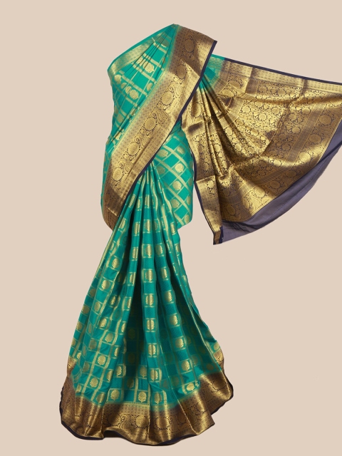 

Pothys Turquoise Blue & Gold-Toned Woven Design Pure Crepe Saree
