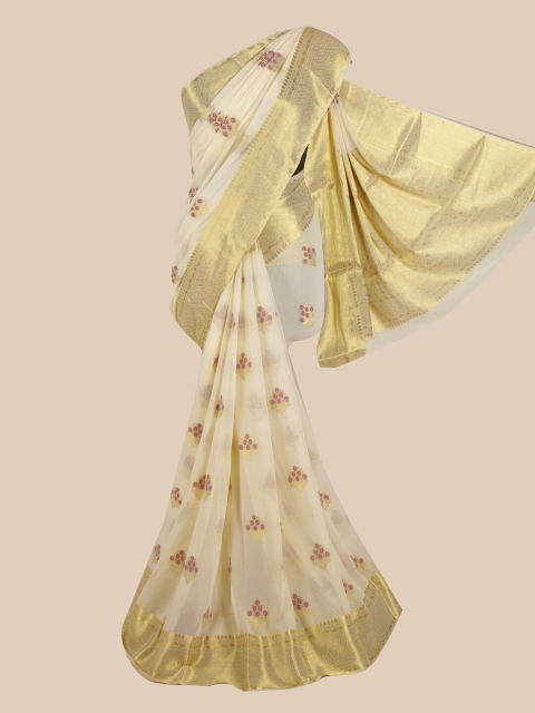 

Pothys Cream-Coloured & Gold-Coloured Ethnic Motifs Zari Pure Crepe Saree