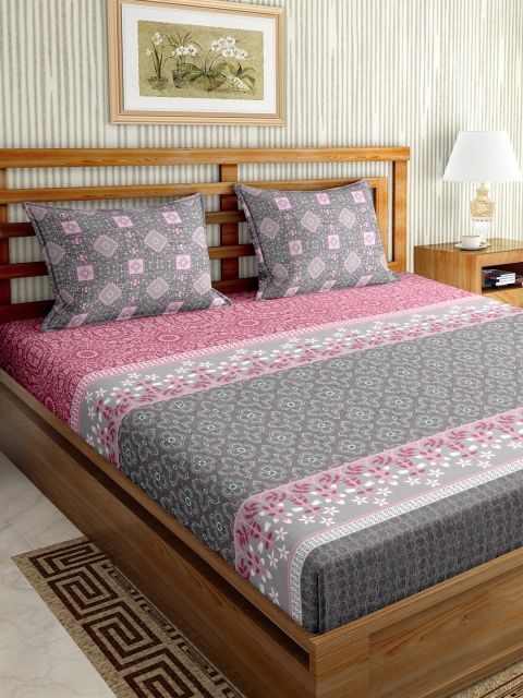 

BELLA CASA Grey & Pink Ethnic Motifs 150 TC King Bedsheet with 2 Pillow Covers