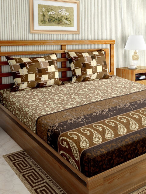 

BELLA CASA Brown & Beige Floral 150 TC Super King Size Bedsheet with 2 Pillow Covers