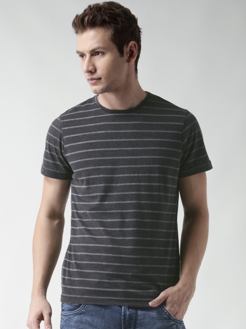 

BLEND Men Charcoal Grey Striped Round Neck T-shirt