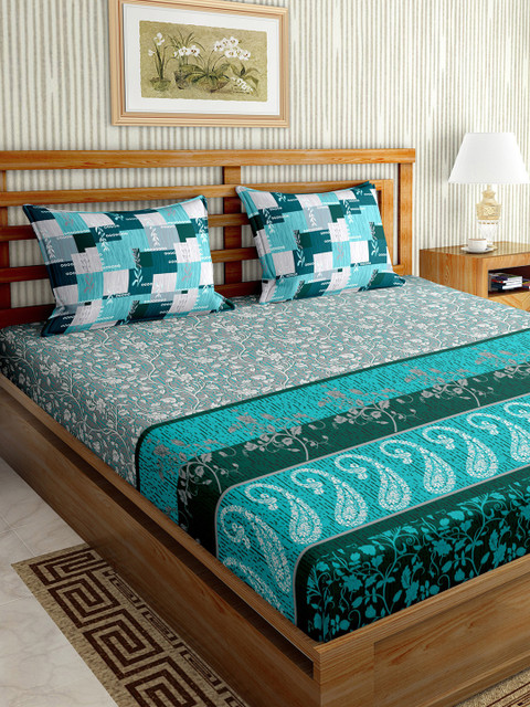 

BELLA CASA Teal & White Floral 150 TC King Bedsheet with 2 Pillow Covers