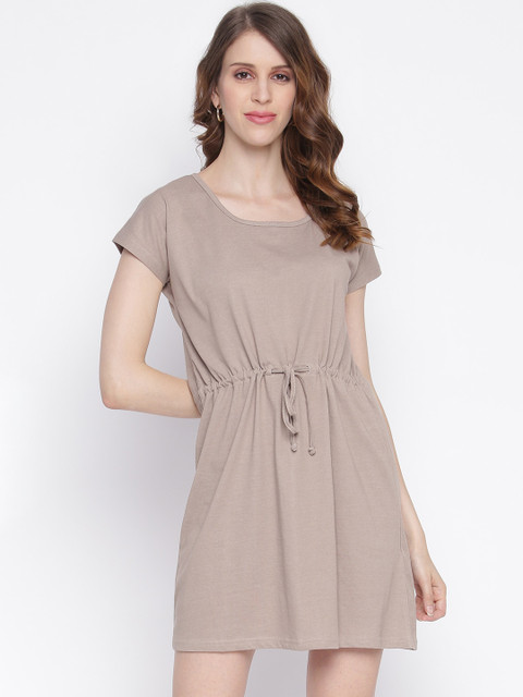 

INIESTA Women Beige Solid T-shirt Dress With Waist Tie-Up