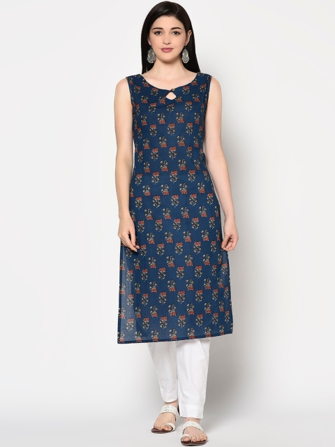 

GULMOHAR JAIPUR Women Navy Blue Ethnic Motifs Printed Keyhole Neck Kurta