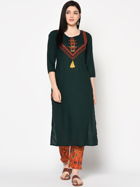 

GULMOHAR JAIPUR Women Green & Orange Floral Embroidered Kurta with Trousers