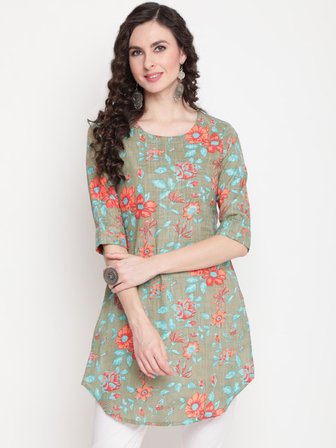

GULMOHAR JAIPUR Women Olive Green Floral A-Line Longline Top