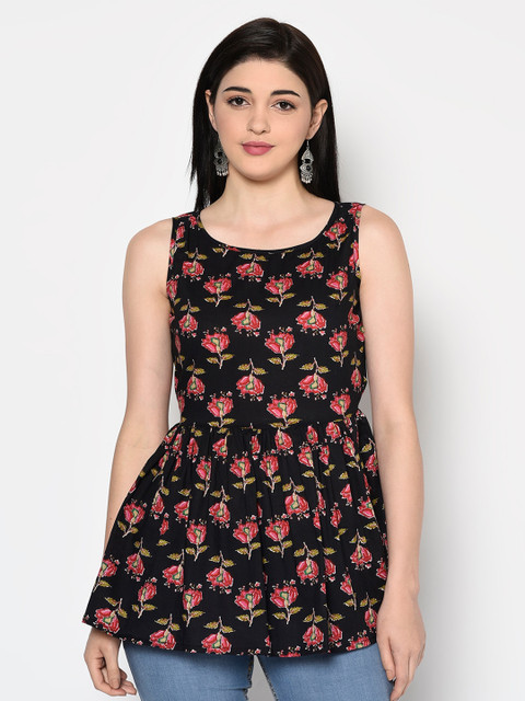

GULMOHAR JAIPUR Black Floral Tiered Top