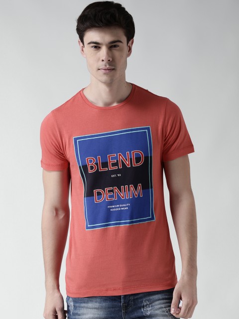 

BLEND Men Coral Orange Printed Round Neck T-shirt