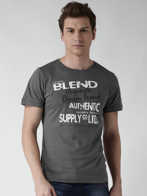 

BLEND Men Grey Printed Round Neck Slim T-shirt