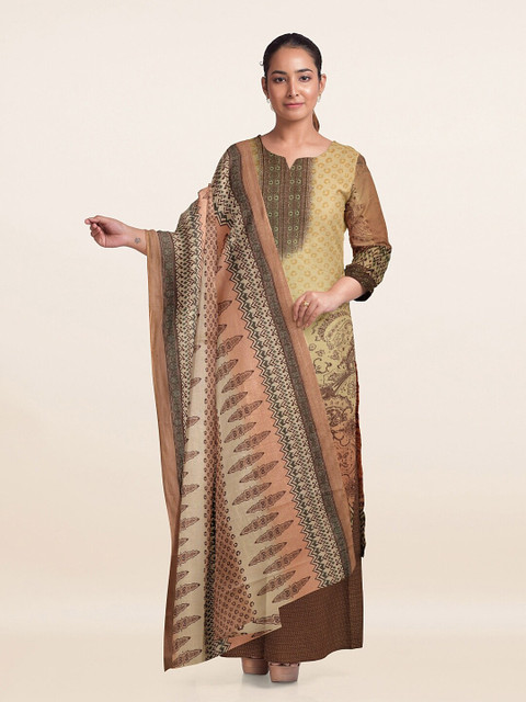 

Pothys Yellow & Brown Printed Viscose Rayon Unstitched Dress Material