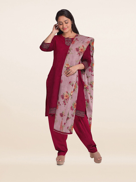 

Pothys Magenta Printed Unstitched Dress Material