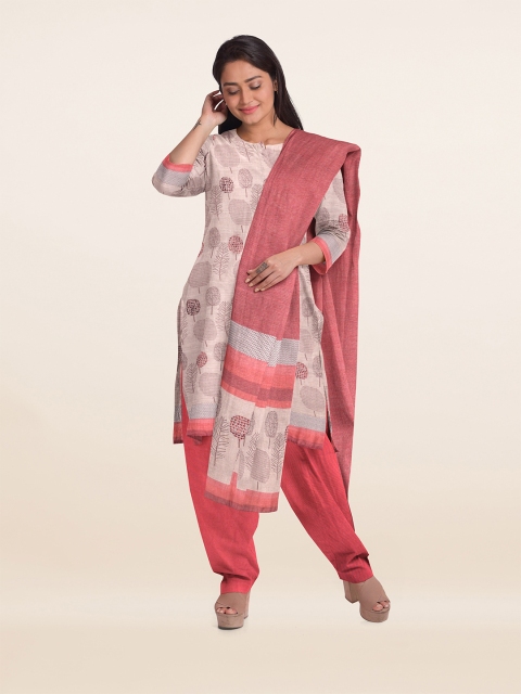 

Pothys Cream-Coloured & Pink Printed Unstitched Dress Material