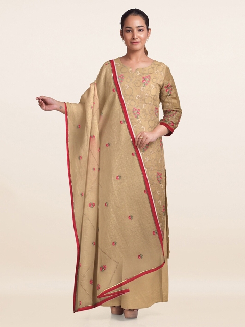 

Pothys Cream-Coloured & Pink Embroidered Unstitched Dress Material