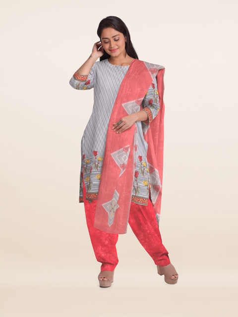 

Pothys Grey & Pink Printed Unstitched Dress Material