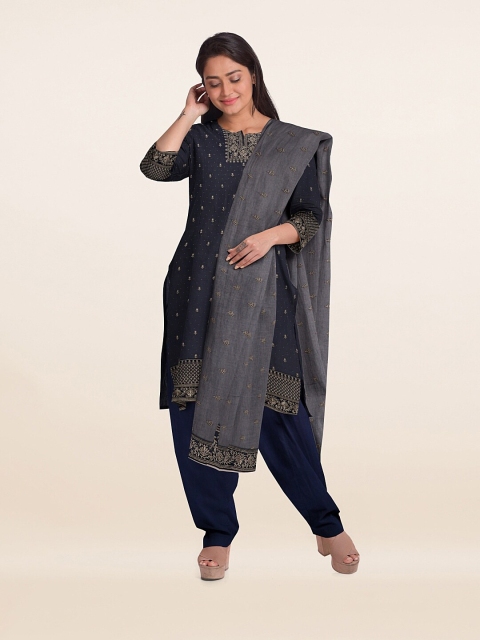 

Pothys Navy Blue & Beige Unstitched Dress Material