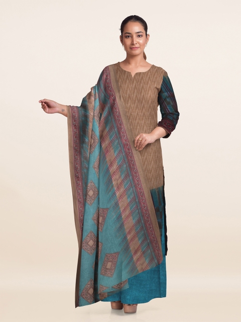

Pothys Cream-Coloured & Teal Blue Printed Unstitched Dress Material