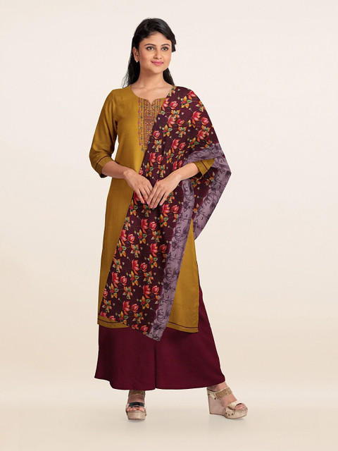

Pothys Mustard Yellow & Burgundy Unstitched Dress Material