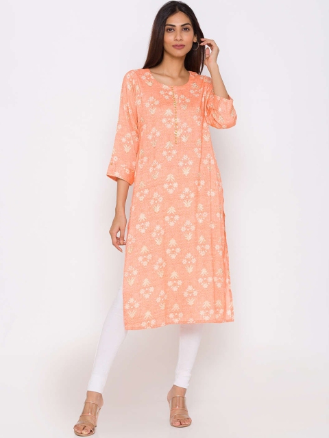 ZOLA Women Peach-Coloured & White Ethnic Motifs Printed Floral Kurta