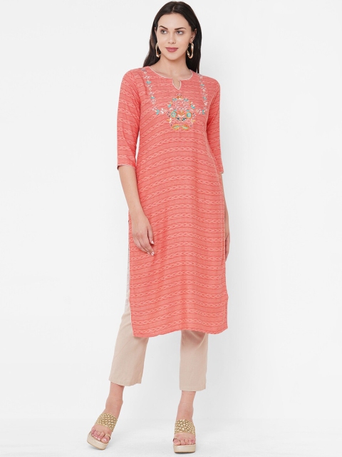 

ZOLA Women Peach-Coloured Floral Thread Striped Straight Kurta