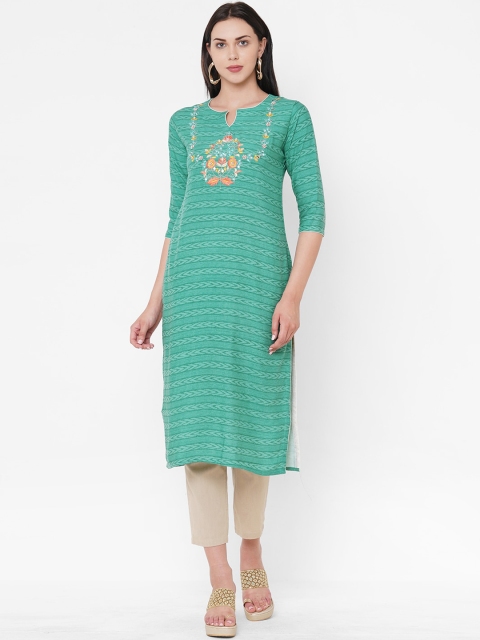 

ZOLA Women Green Ethnic Motifs Striped Thread Work Kurta