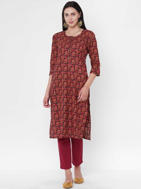

ZOLA Black Cotton Floral Printed Straight Kurta
